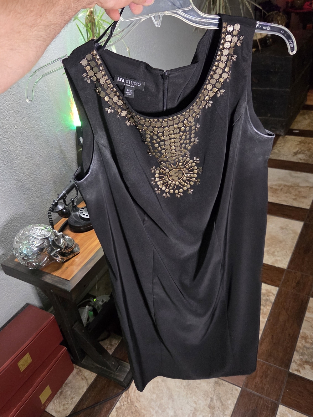 I.N. Studio Black Dress with Gold Embellished Neckline